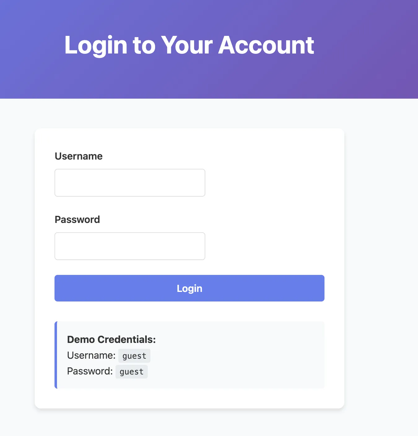 Login page showing guest credentials