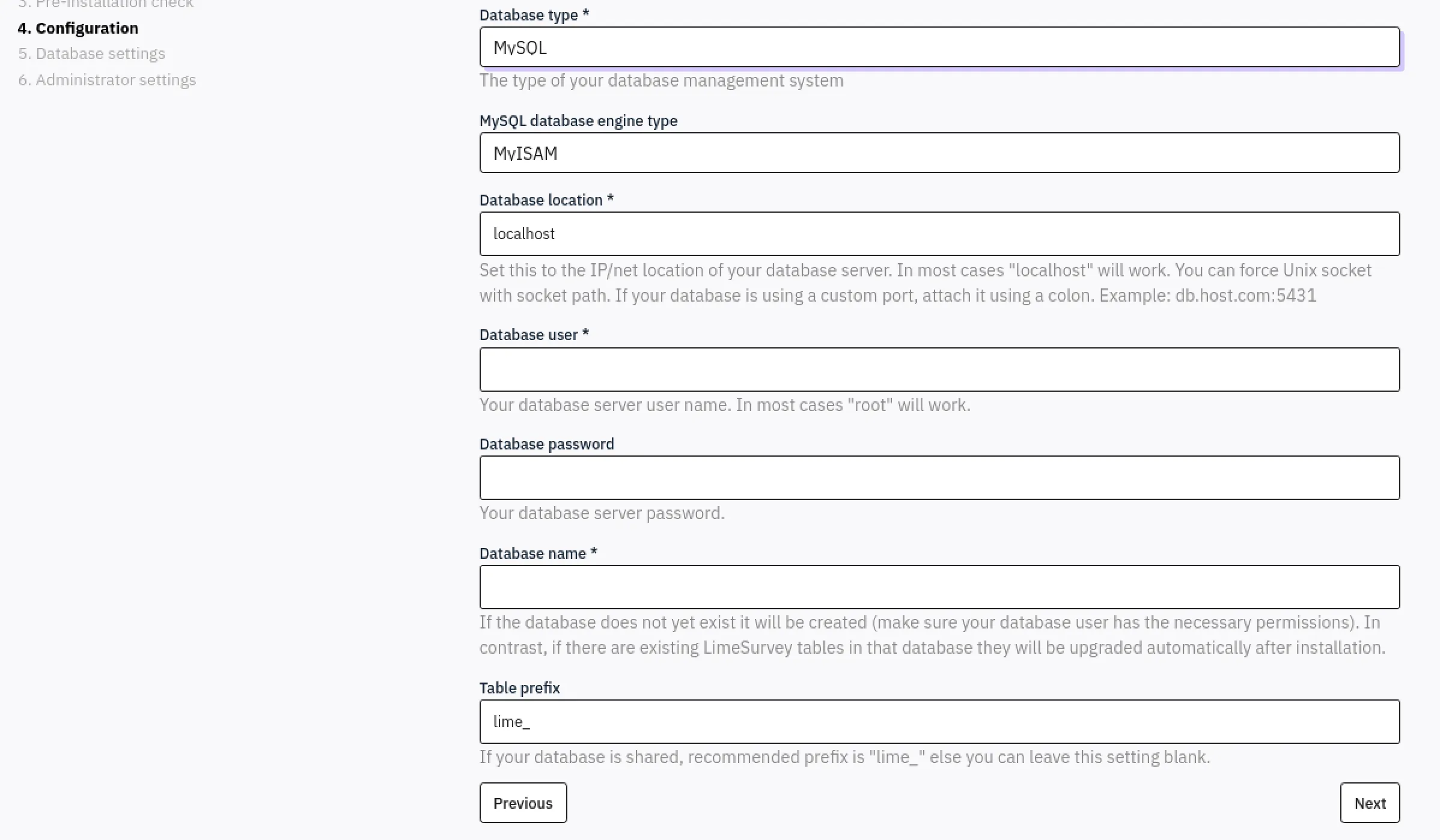 LimeSurvey database configuration form