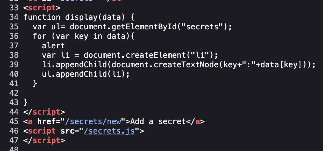 Client-side display function loading the secrets script