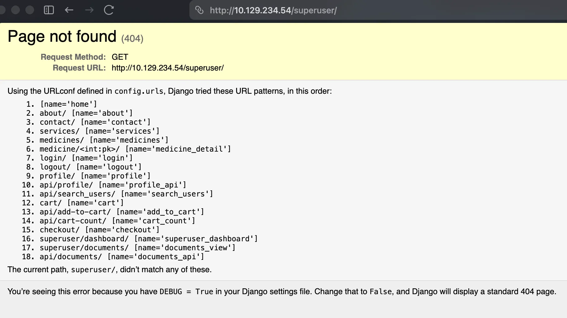 Django debug page revealing application routes