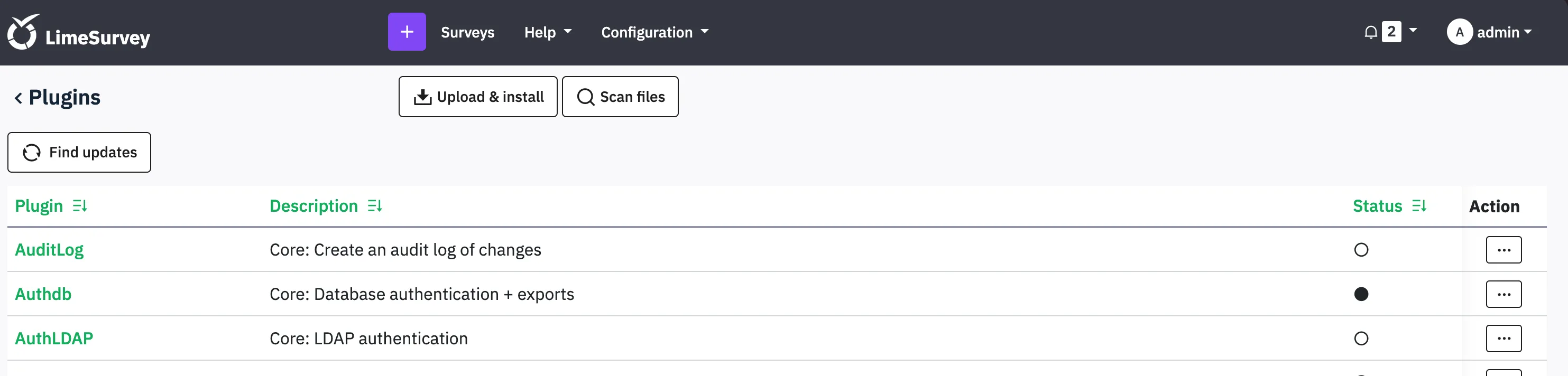 LimeSurvey plugins page