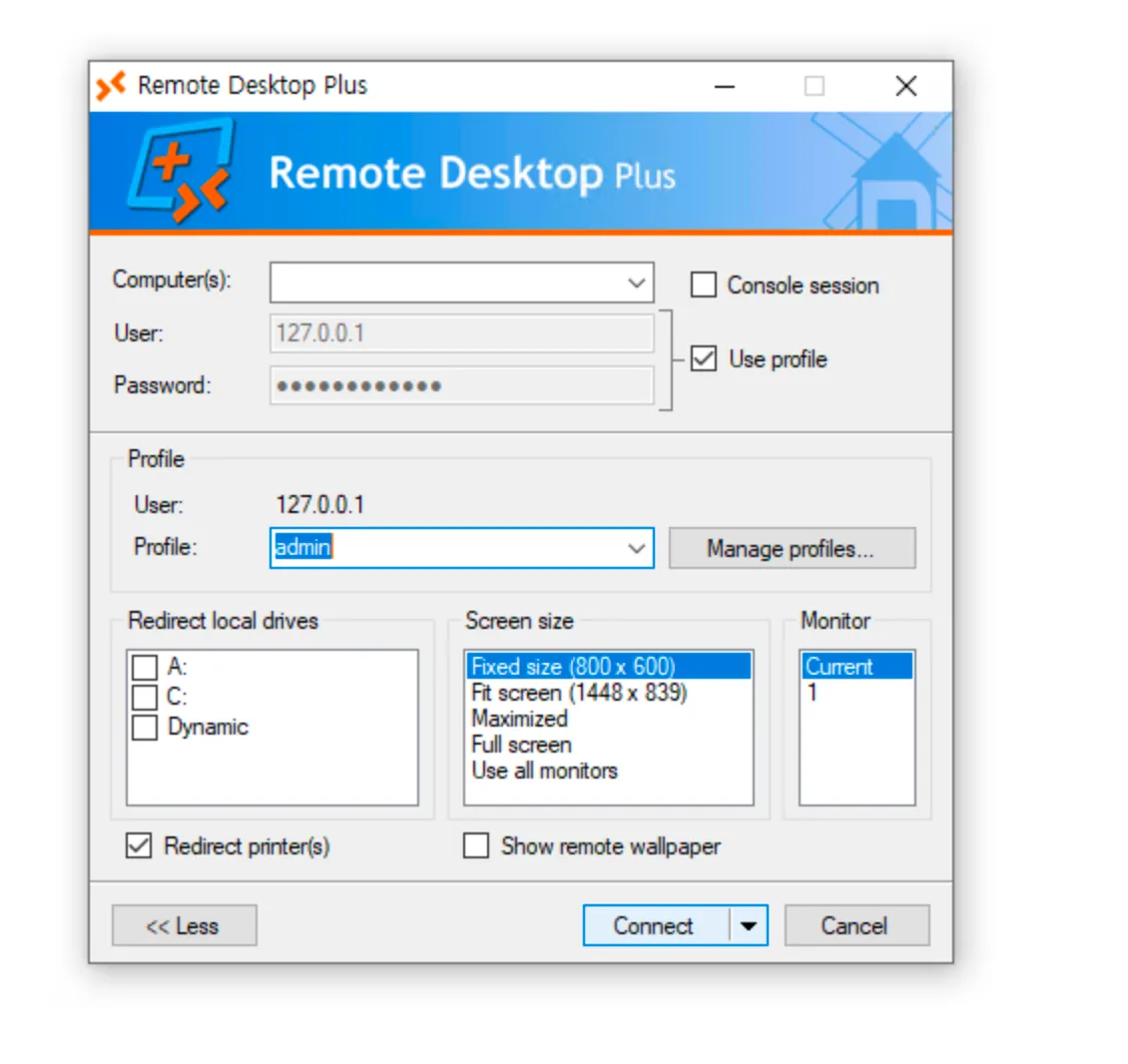 Remote Desktop Plus loaded with the admin profile