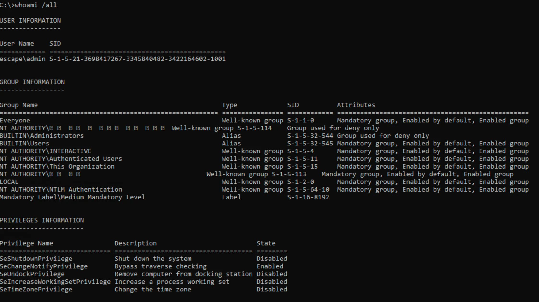 whoami output showing Administrators as deny-only